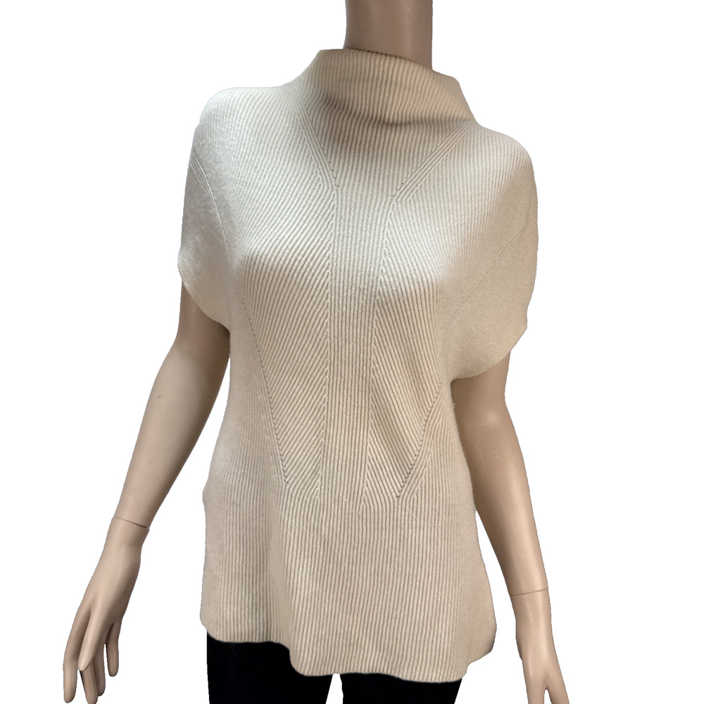 Vince Mock Neck Tunic Sweater Size S Ivory Ribbed Knit Wool Cashmere Cap Sleeve
